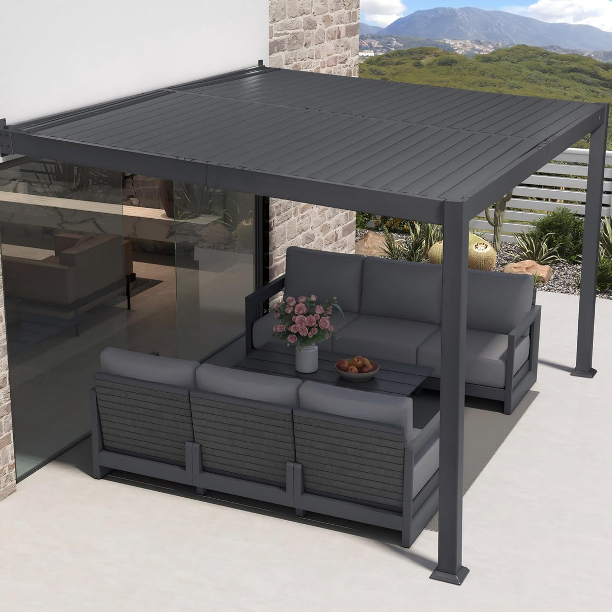 PURPLE LEAF Caesar Wall Mounted Louvered Pergola with LED String Lights, All-Aluminum Patio Cover with Adjustable Roof, Hidden Gutter Drainage, Lean-to Pergola for Deck, Backyard, Porch, Dark Gray
