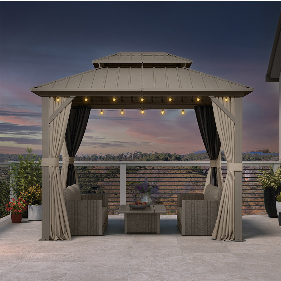 PURPLE LEAF Deck Gazebo Champagne Hardtop Metal Frame Double Roof with Curtains and Netting with Lights-clear