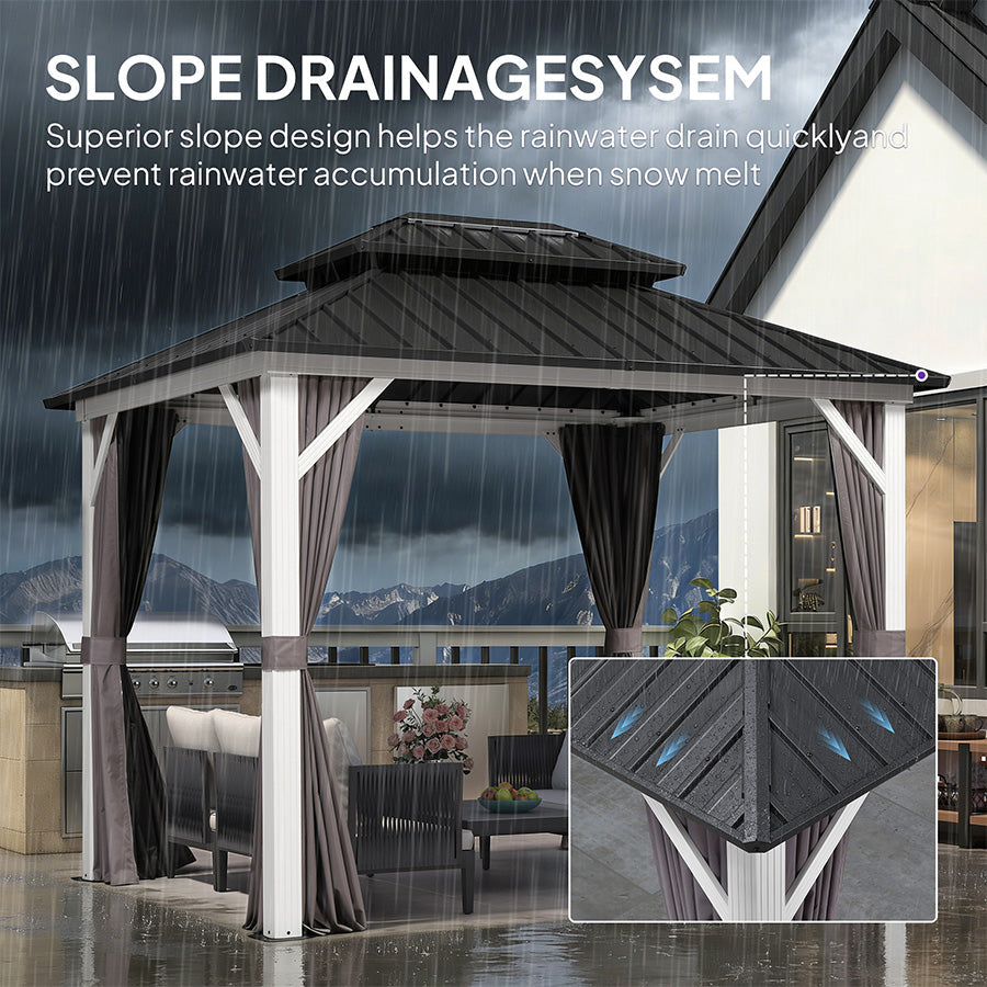 PURPLE LEAF Modern Gazebo Grey Hardtop Galvanized Steel Double Roof White Aluminum Poles with Curtains and Netting