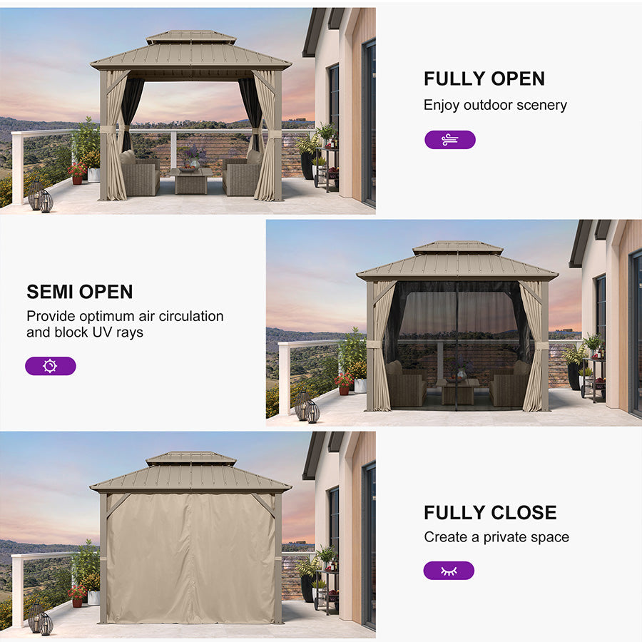 PURPLE LEAF Deck Gazebo Champagne Hardtop Metal Frame Double Roof with Curtains and Netting