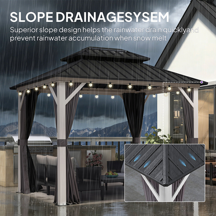 PURPLE LEAF Modern Gazebo Grey Hardtop Galvanized Steel Double Roof White Aluminum Poles with Curtains and Netting with Lights-clear