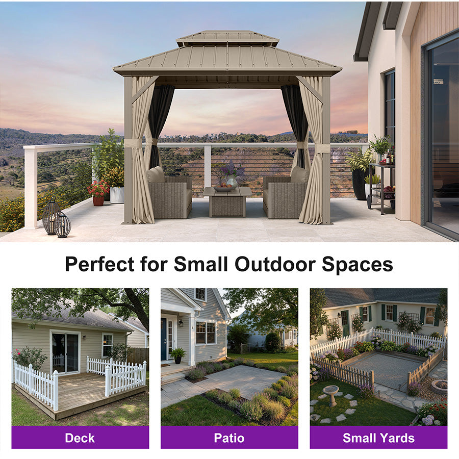 PURPLE LEAF Deck Gazebo Champagne Hardtop Metal Frame Double Roof with Curtains and Netting with Lights-clear