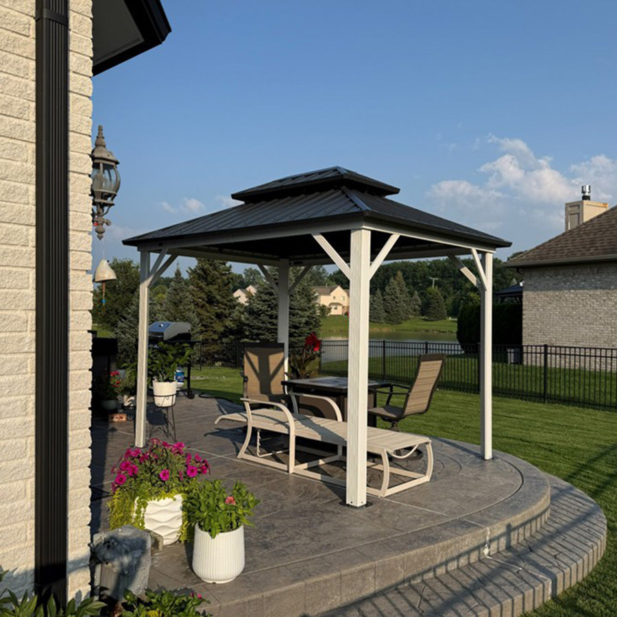 PURPLE LEAF Modern Gazebo Grey Hardtop Galvanized Steel Double Roof White Aluminum Poles with Curtains and Netting