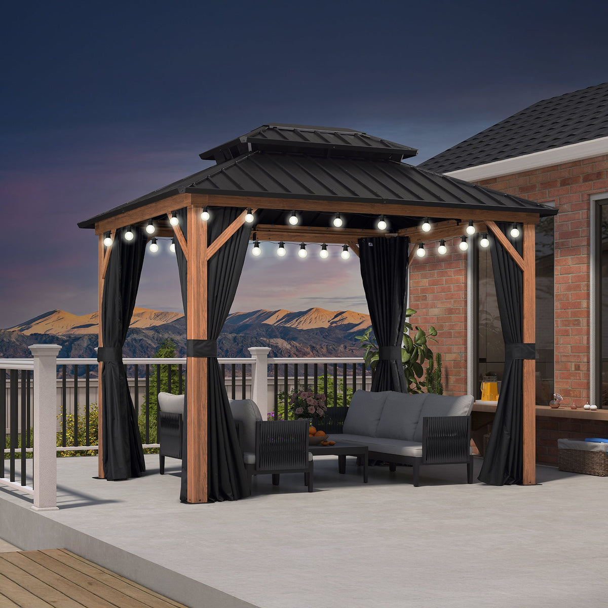 PURPLE LEAF Metal Gazebo Double Roof Wood Grain Aluminum Frame with Curtains and Netting with Lights-milky