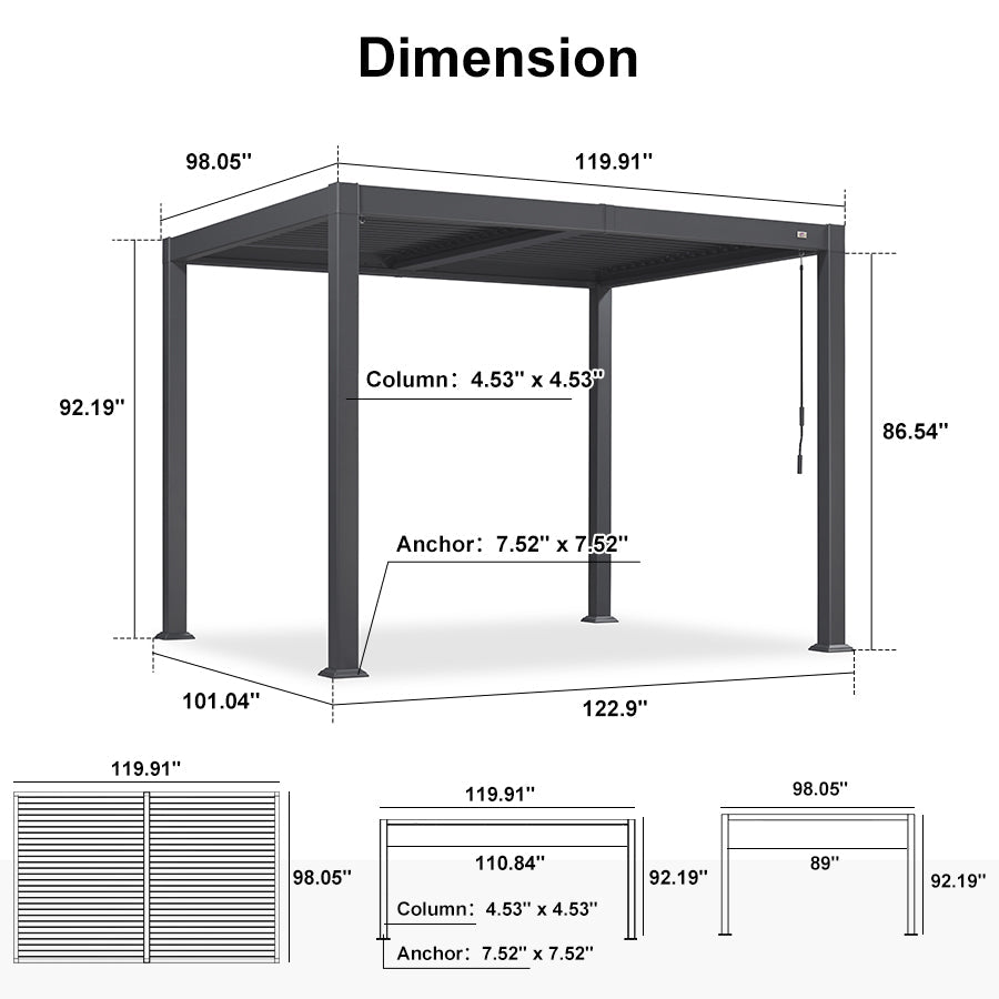 PURPLE LEAF Caesar Outdoor Louvered Pergola Patio Sun Shade Shelter with Adjustable Hardtop Patio Pergola Grey