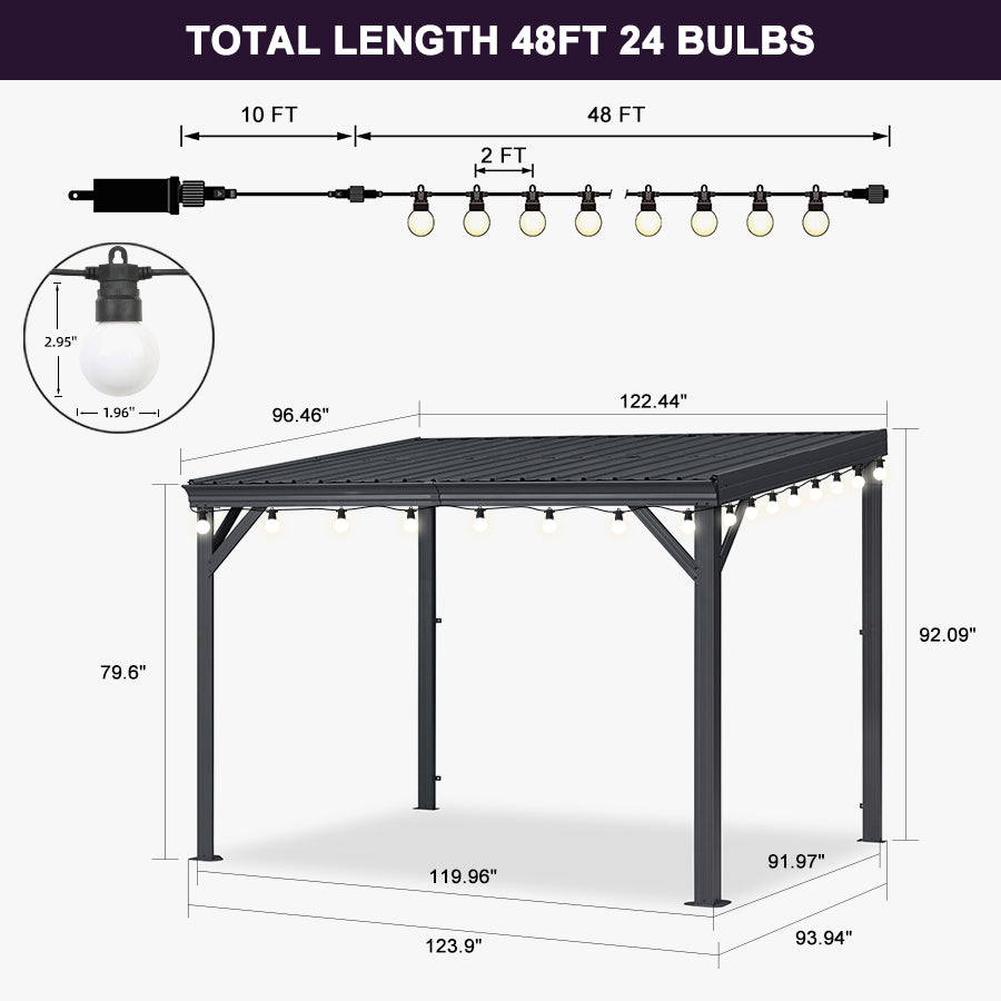 PURPLE LEAF Lean to Gazebo Metal Roof Patio Cover Built-in Drain Slots Wall Mounted Gazebo with Lights-milky for Outdoor Extension