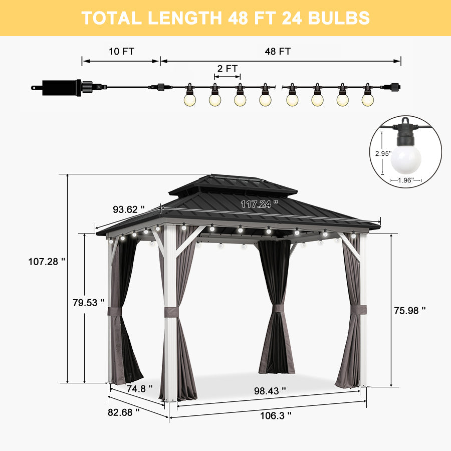 PURPLE LEAF Modern Gazebo Grey Hardtop Galvanized Steel Double Roof White Aluminum Poles with Curtains and Netting with Lights-milky