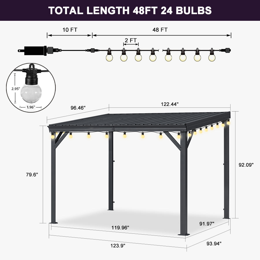 PURPLE LEAF Lean to Gazebo Metal Roof Patio Cover Built-in Drain Slots Wall Mounted Gazebo with Lights-clear for Outdoor Extension