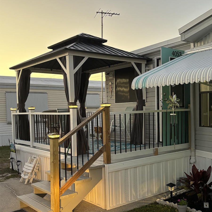 PURPLE LEAF Modern Gazebo Grey Hardtop Galvanized Steel Double Roof White Aluminum Poles with Curtains and Netting with Lights-clear