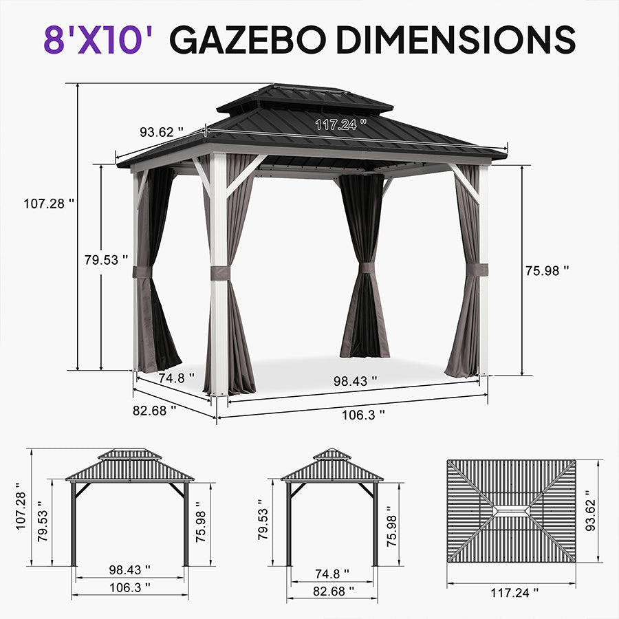 PURPLE LEAF Modern Gazebo Grey Hardtop Galvanized Steel Double Roof White Aluminum Poles with Curtains and Netting