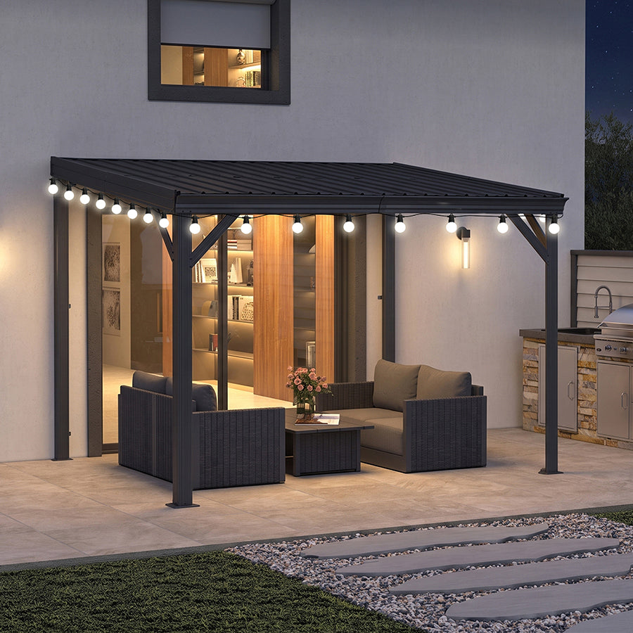 PURPLE LEAF Lean to Gazebo Metal Roof Patio Cover Built-in Drain Slots Wall Mounted Gazebo with Lights-milky for Outdoor Extension