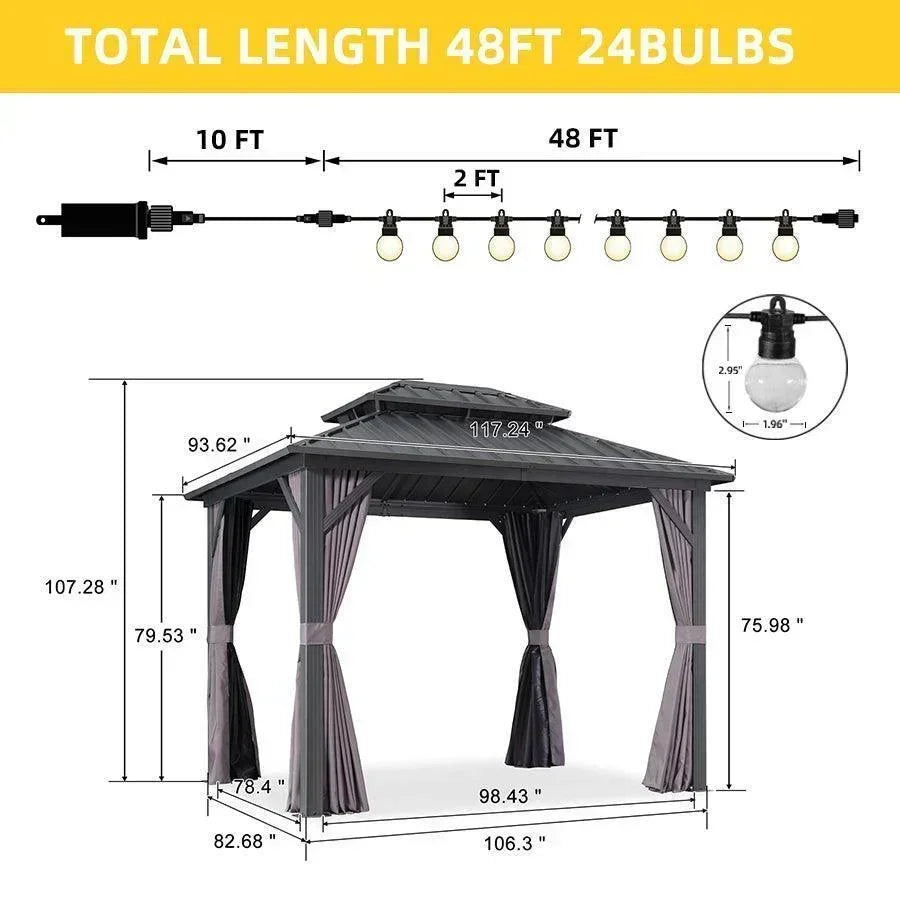 PURPLE LEAF Grey Hardtop Gazebo with Heavy Duty Galvanized Steel Double Roof with String Lights-clear