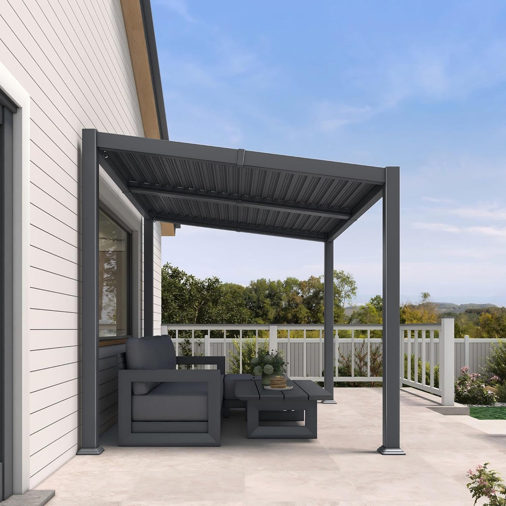 PURPLE LEAF Caesar Hardtop Louvered Pergola with LED String Lights, Slanted Roof Outdoor Aluminum Pergola with Adjustable Rainproof Louvers,Freestanding Patio Gazebo for Backyard Deck, Gray