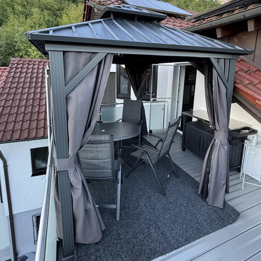 PURPLE LEAF Grey Hardtop Gazebo with Heavy Duty Galvanized Steel Double Roof with Netting and Curtains