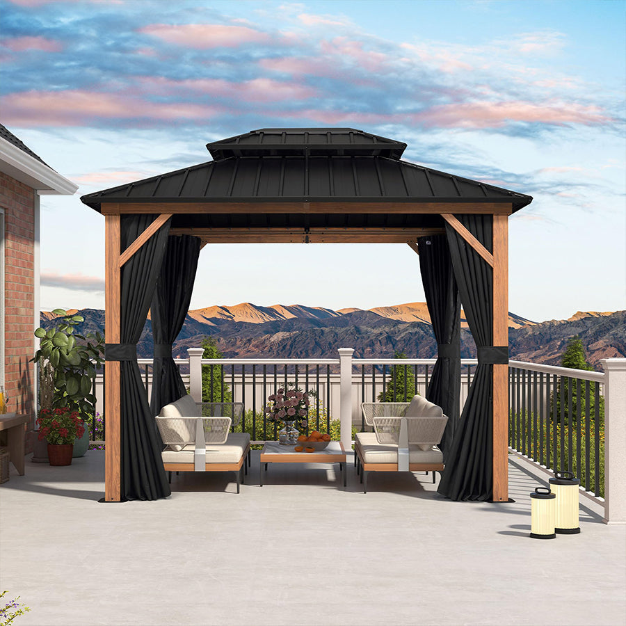 PURPLE LEAF Metal Gazebo Double Roof Wood Grain Aluminum Frame with Curtains and Netting with Lights-clear