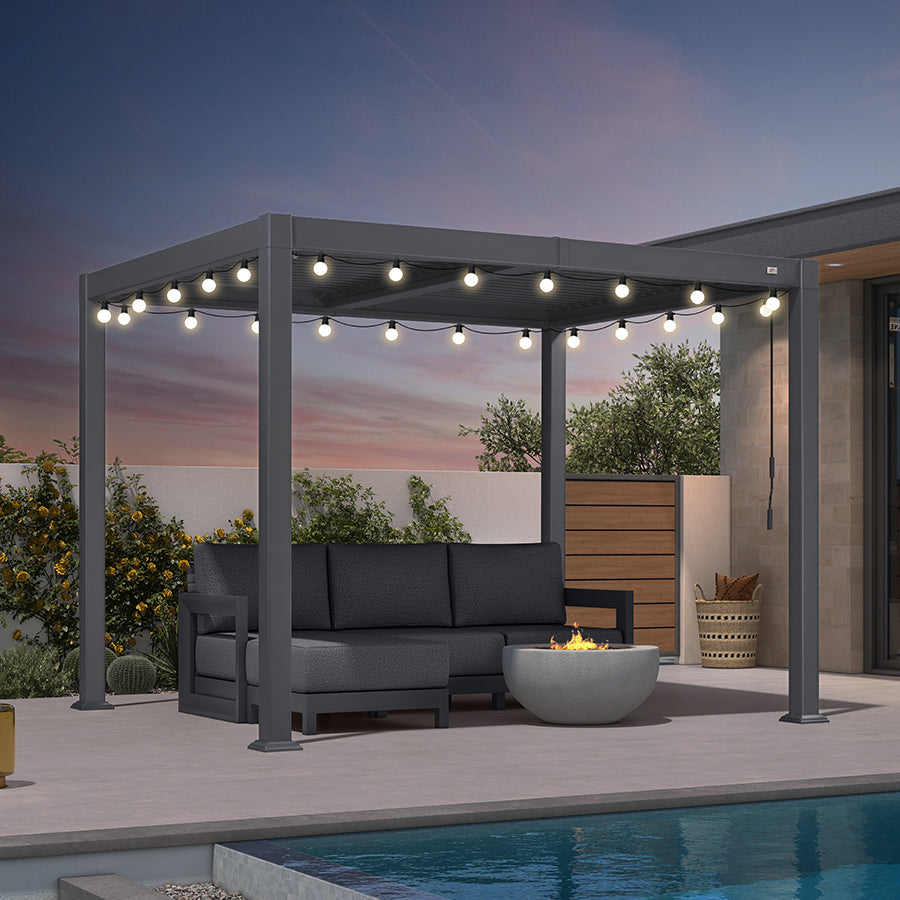 PURPLE LEAF Caesar Louvered Pergola with Milky String Lights Patio Aluminum Pergola with Independent Adjustable Rainproof Roof Hardtop Pergola for Outdoor Deck Garden Yard
