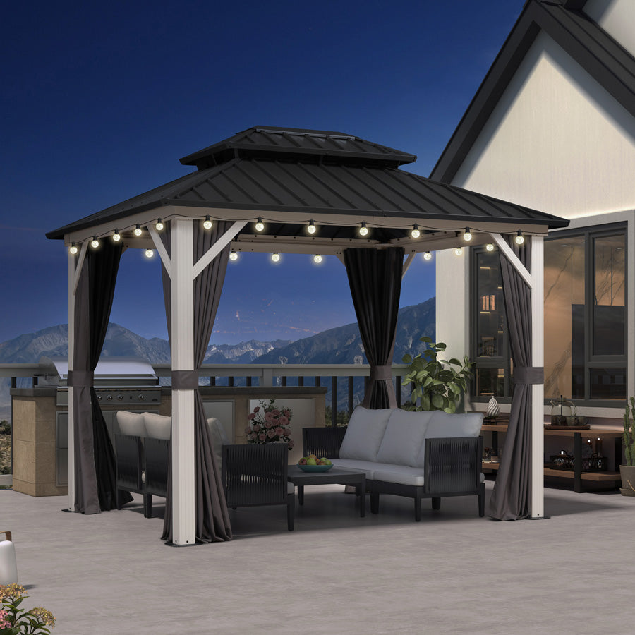 PURPLE LEAF Modern Gazebo Grey Hardtop Galvanized Steel Double Roof White Aluminum Poles with Curtains and Netting with Lights-clear