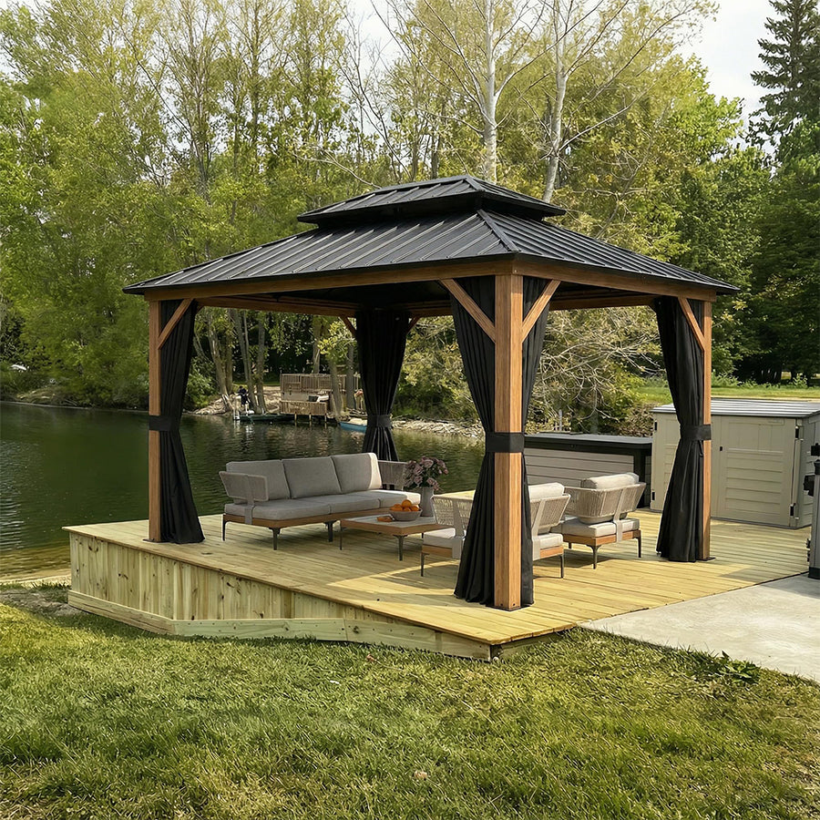 PURPLE LEAF Metal Gazebo Double Roof Wood Grain Aluminum Frame with Curtains and Netting with Lights-milky