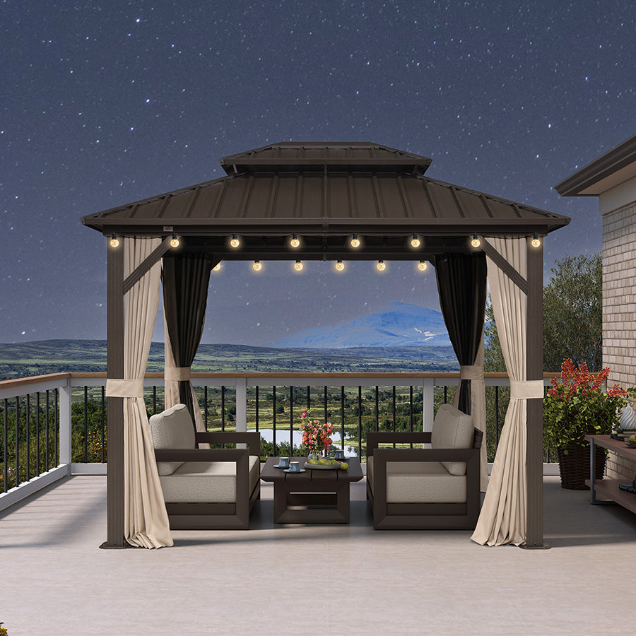 PURPLE LEAF Hardtop Gazebo Featuring Galvanized Steel Double Roof and Bronze Aluminum Frame with Curtains and Netting for Poolside with Lights-clear