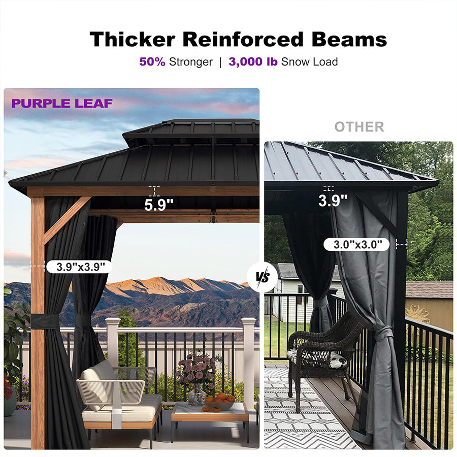 PURPLE LEAF Metal Gazebo Double Roof Wood Grain Aluminum Frame with Curtains and Netting with Lights-clear