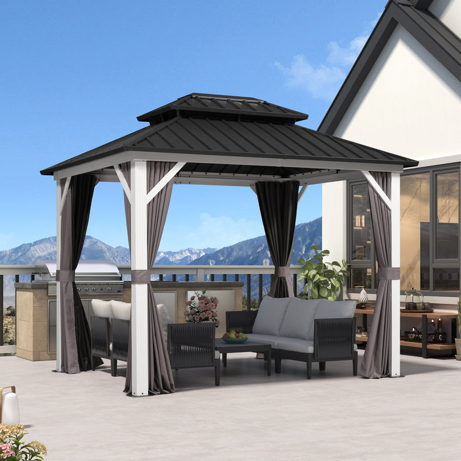 PURPLE LEAF Modern Gazebo Grey Hardtop Galvanized Steel Double Roof White Aluminum Poles with Curtains and Netting