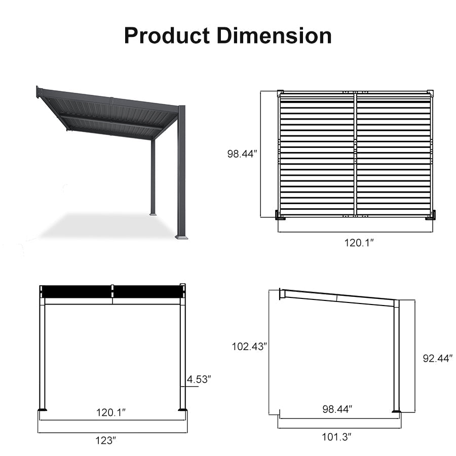 PURPLE LEAF Caesar Wall Mounted Louvered Pergola with LED String Lights, All-Aluminum Patio Cover with Adjustable Roof, Hidden Gutter Drainage, Lean-to Pergola for Deck, Backyard, Porch, Dark Gray