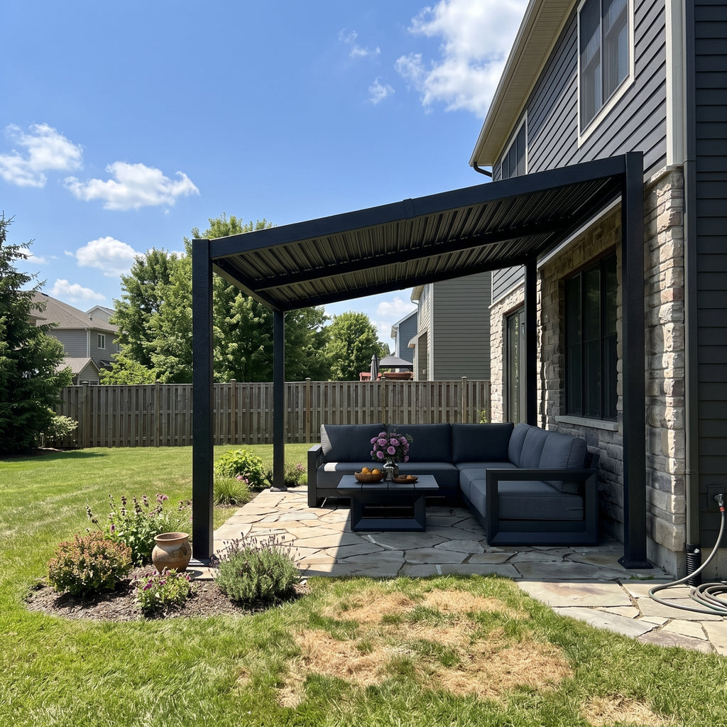 PURPLE LEAF Caesar Hardtop Louvered Pergola with LED String Lights, Slanted Roof Outdoor Aluminum Pergola with Adjustable Rainproof Louvers,Freestanding Patio Gazebo for Backyard Deck, Gray