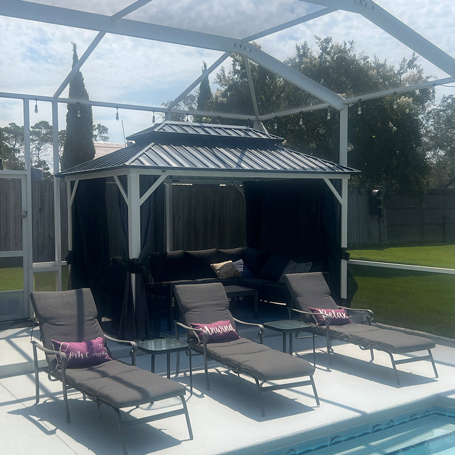 PURPLE LEAF Modern Gazebo Grey Hardtop Galvanized Steel Double Roof White Aluminum Poles with Curtains and Netting with Lights-milky