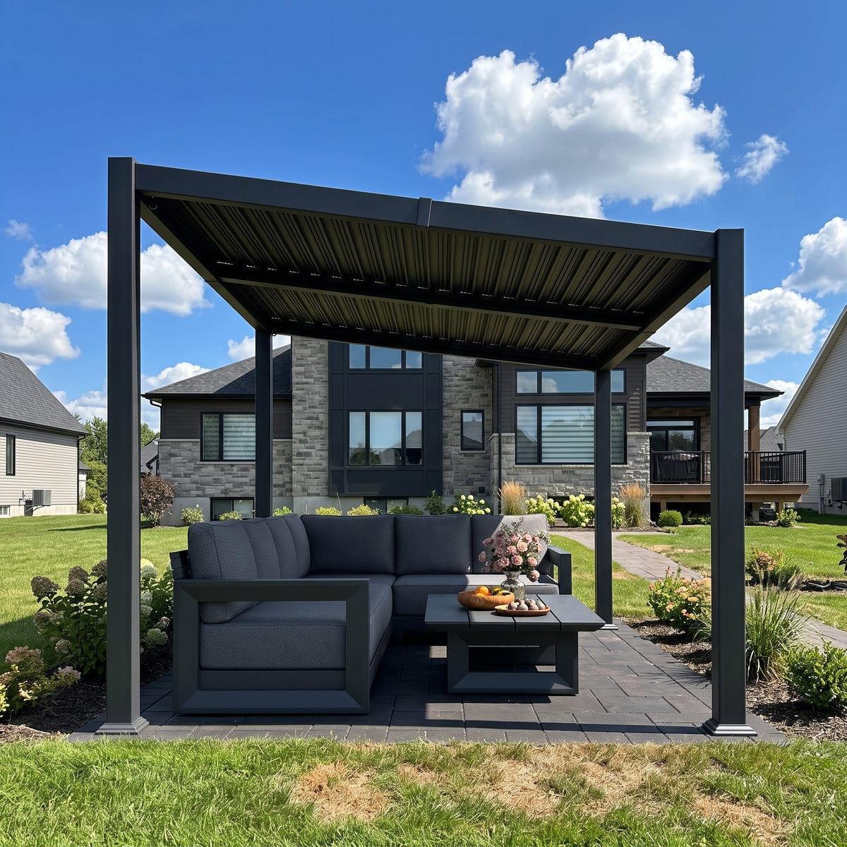 PURPLE LEAF Caesar Hardtop Louvered Pergola with LED String Lights, Slanted Roof Outdoor Aluminum Pergola with Adjustable Rainproof Louvers,Freestanding Patio Gazebo for Backyard Deck, Gray