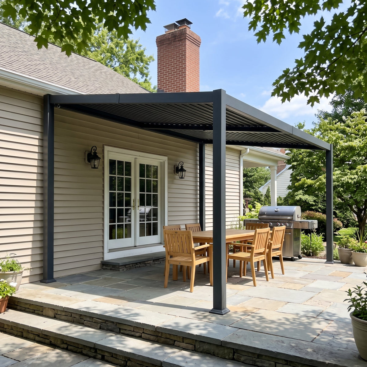 PURPLE LEAF Caesar Hardtop Louvered Pergola with LED String Lights, Slanted Roof Outdoor Aluminum Pergola with Adjustable Rainproof Louvers,Freestanding Patio Gazebo for Backyard Deck, Gray