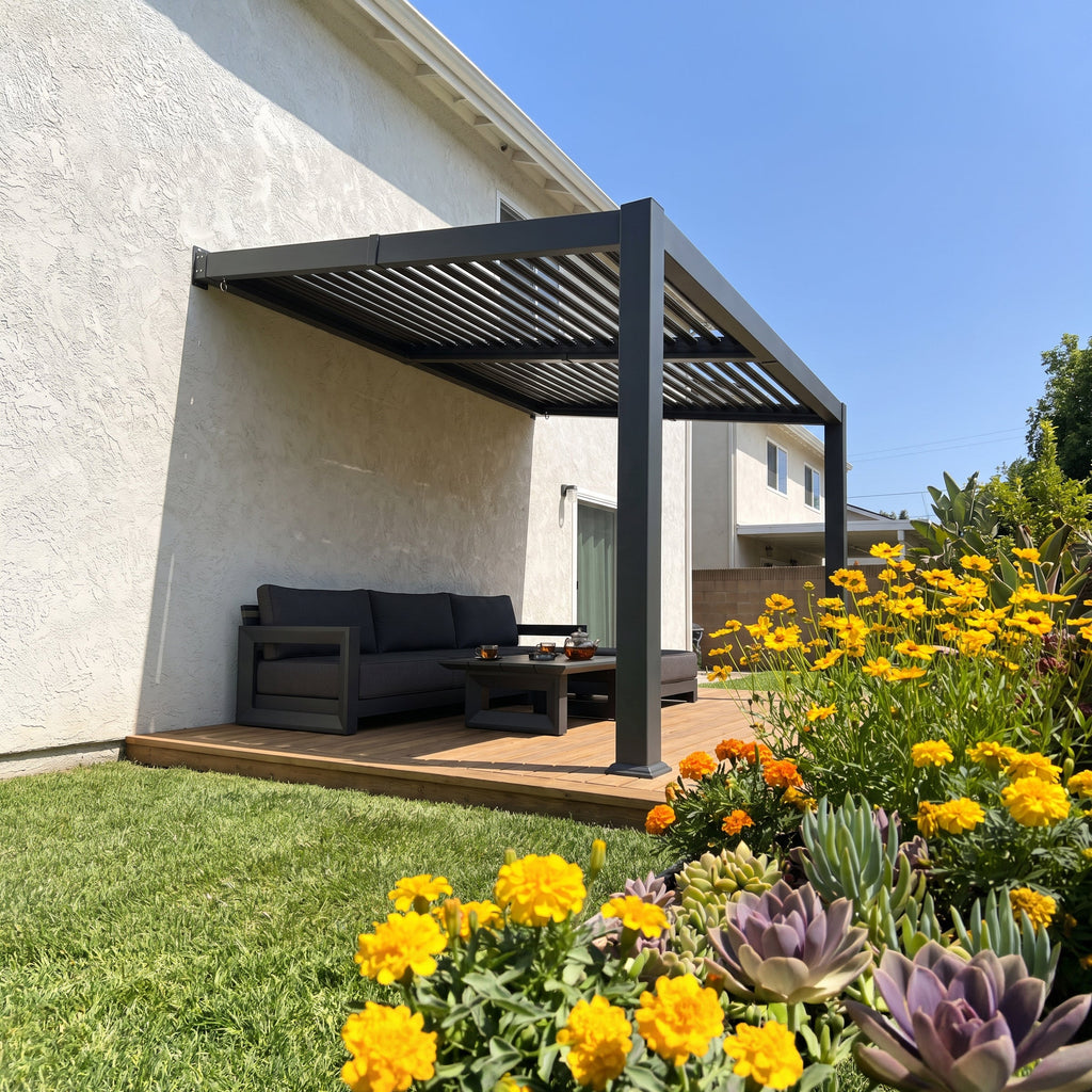PURPLE LEAF Caesar Wall Mounted Louvered Pergola, All-Aluminum Patio Cover with Adjustable Roof, Hidden Gutter Drainage, Lean-to Pergola for Deck, Backyard, Porch, Dark Gray