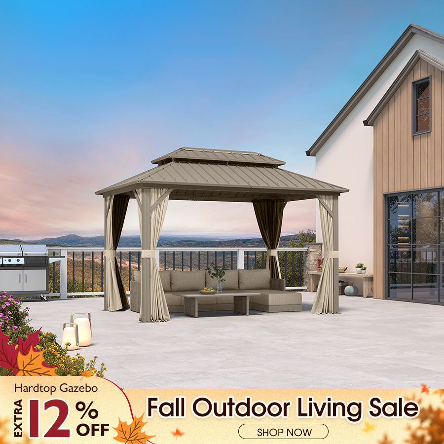 PURPLE LEAF Deck Gazebo Champagne Hardtop Metal Frame Double Roof with Curtains and Netting