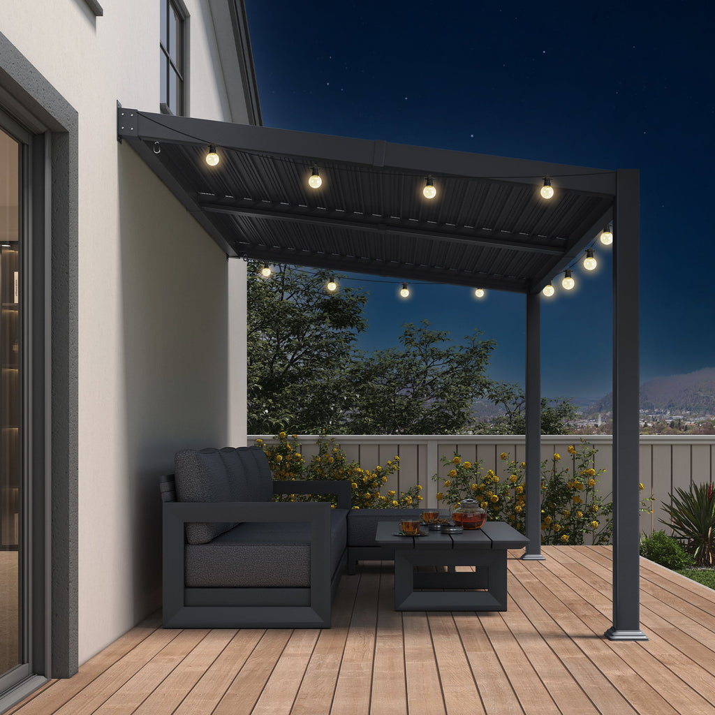 PURPLE LEAF Caesar Hardtop Louvered Pergola with LED String Lights, Slanted Roof Outdoor Aluminum Pergola with Adjustable Rainproof Louvers,Freestanding Patio Gazebo for Backyard Deck, Gray