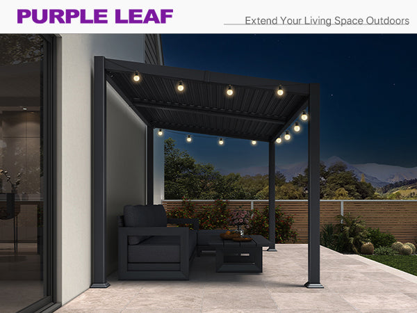 PURPLE LEAF Caesar Hardtop Louvered Pergola with LED String Lights, Slanted Roof Outdoor Aluminum Pergola with Adjustable Rainproof Louvers,Freestanding Patio Gazebo for Backyard Deck, Gray