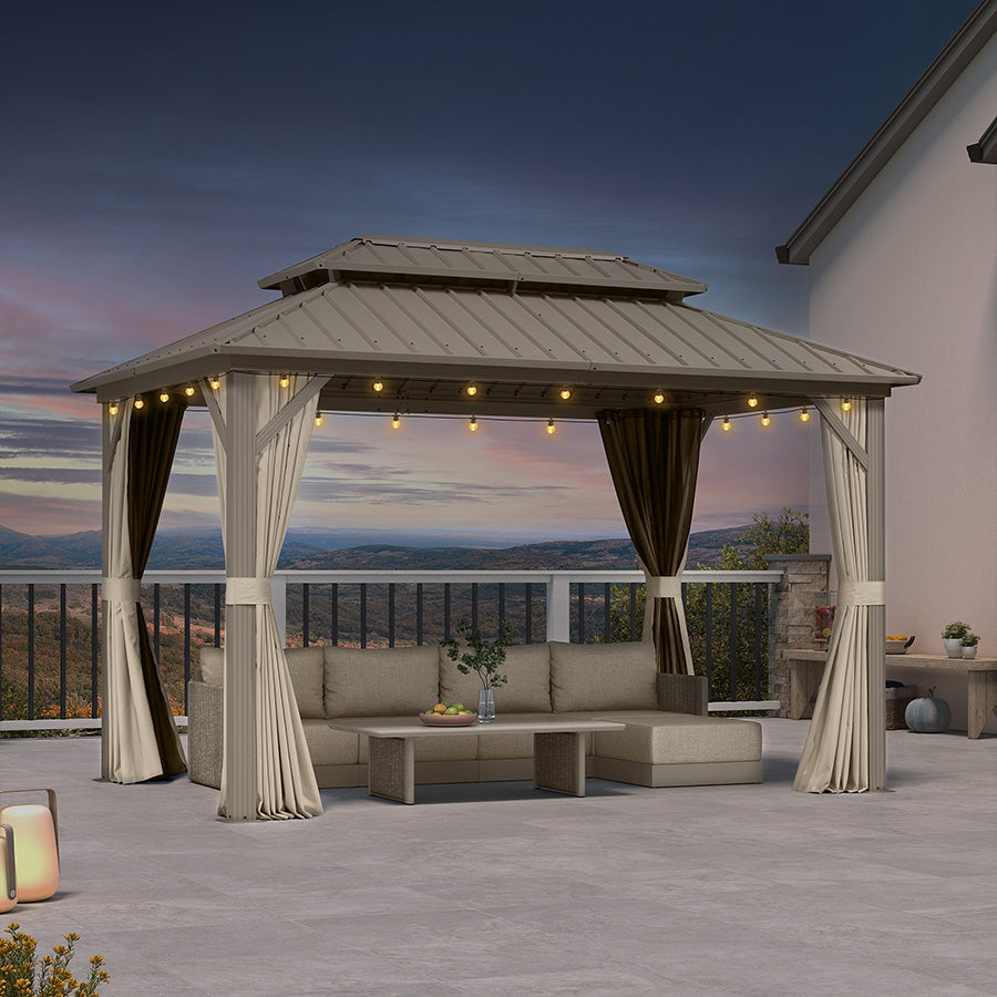 PURPLE LEAF Deck Gazebo Champagne Hardtop Metal Frame Double Roof with Curtains and Netting with Lights-clear