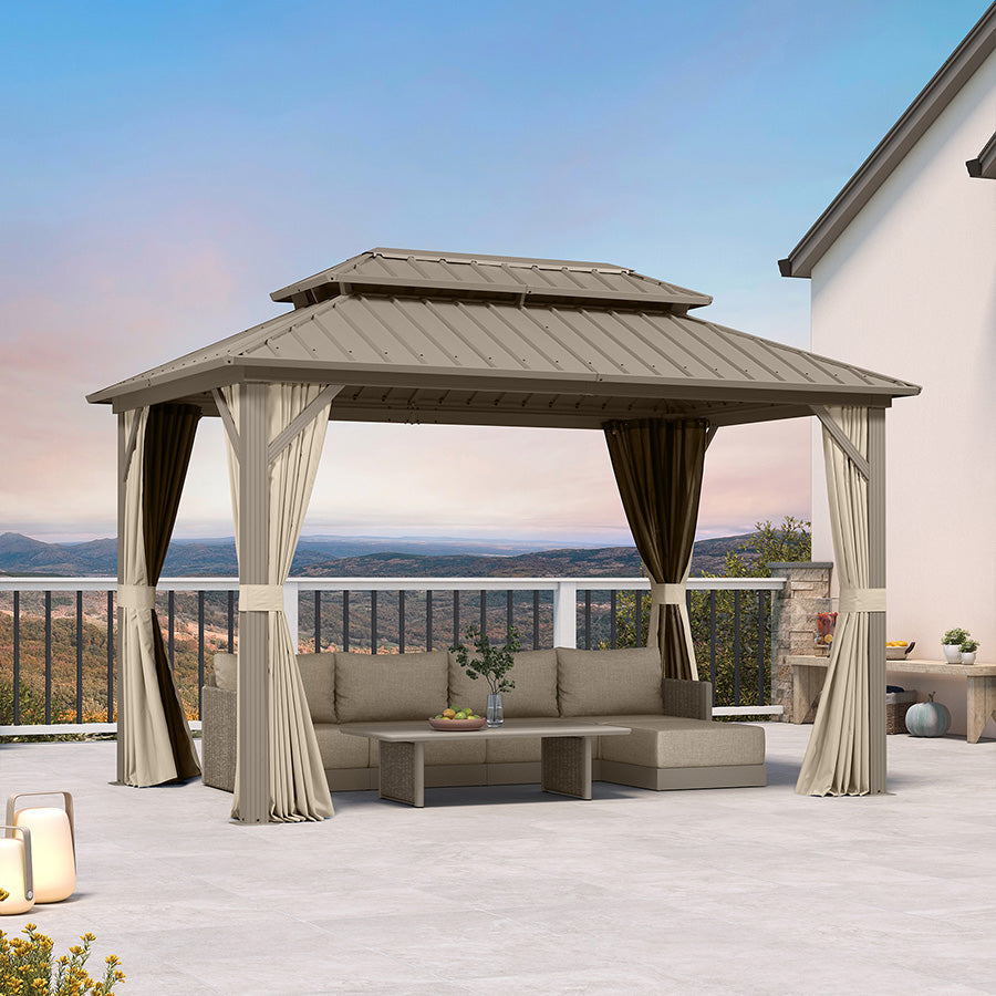 PURPLE LEAF Deck Gazebo Champagne Hardtop Metal Frame Double Roof with Curtains and Netting