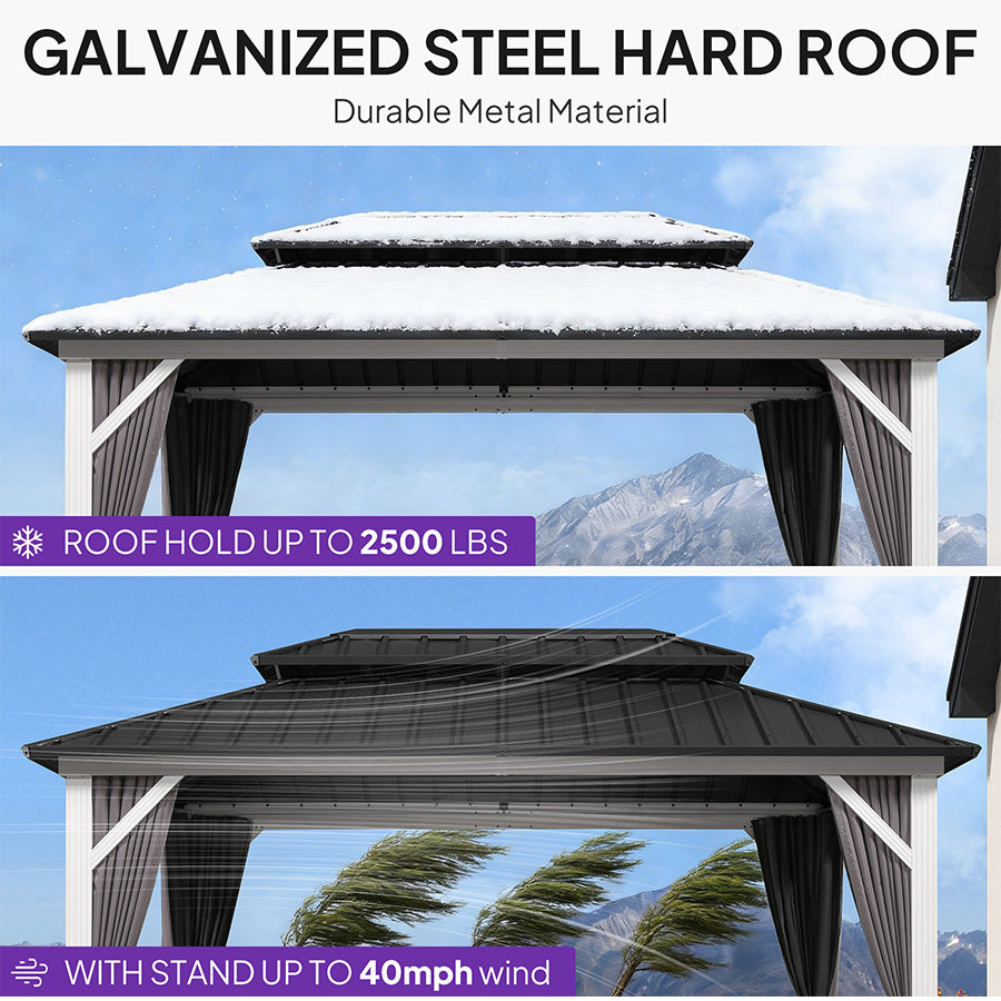 PURPLE LEAF Modern Gazebo Grey Hardtop Galvanized Steel Double Roof White Aluminum Poles with Curtains and Netting