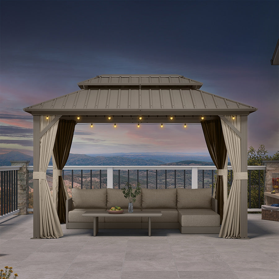 PURPLE LEAF Deck Gazebo Champagne Hardtop Metal Frame Double Roof with Curtains and Netting with Lights-clear