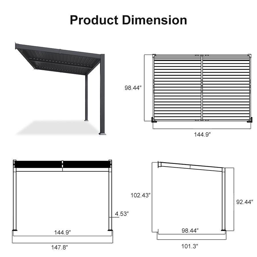 PURPLE LEAF Caesar Wall Mounted Louvered Pergola with LED String Lights, All-Aluminum Patio Cover with Adjustable Roof, Hidden Gutter Drainage, Lean-to Pergola for Deck, Backyard, Porch, Dark Gray