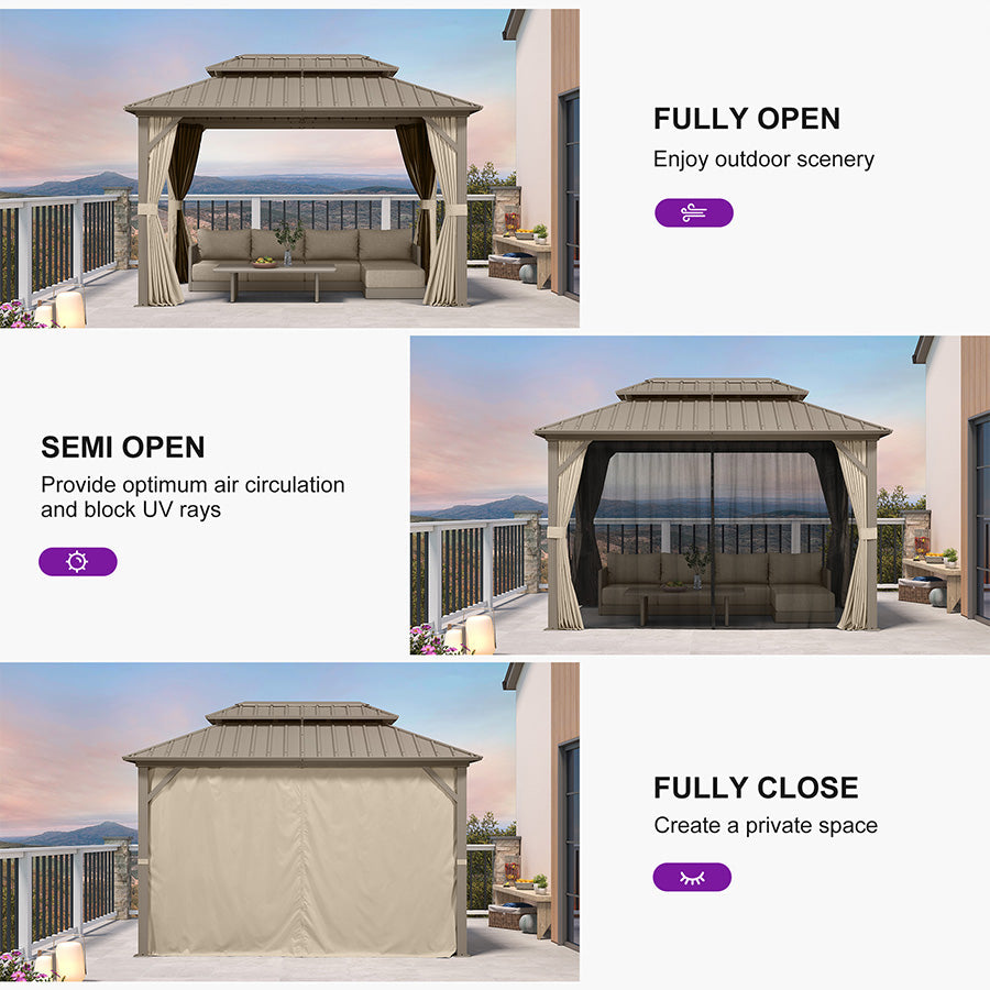 PURPLE LEAF Deck Gazebo Champagne Hardtop Metal Frame Double Roof with Curtains and Netting with Lights-milky