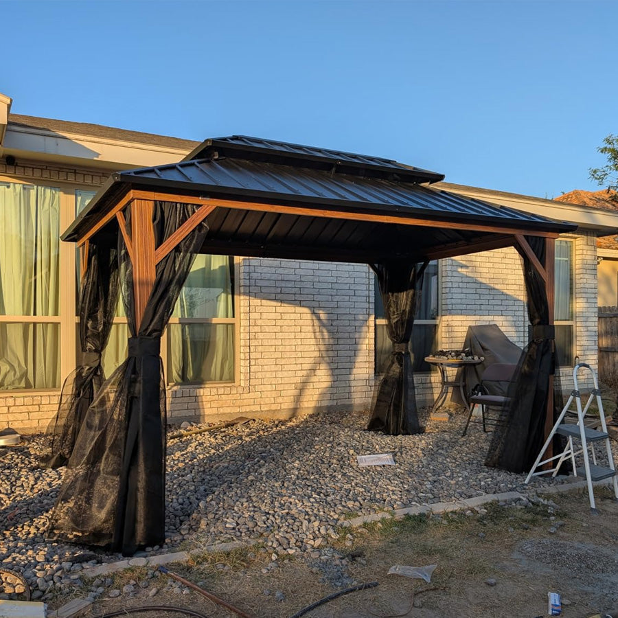 PURPLE LEAF Metal Gazebo Double Roof Wood Grain Aluminum Frame with Curtains and Netting with Lights-milky