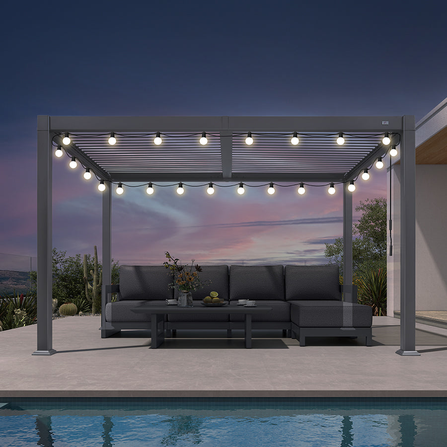 PURPLE LEAF Caesar Louvered Pergola with Milky String Lights Patio Aluminum Pergola with Independent Adjustable Rainproof Roof Hardtop Pergola for Outdoor Deck Garden Yard