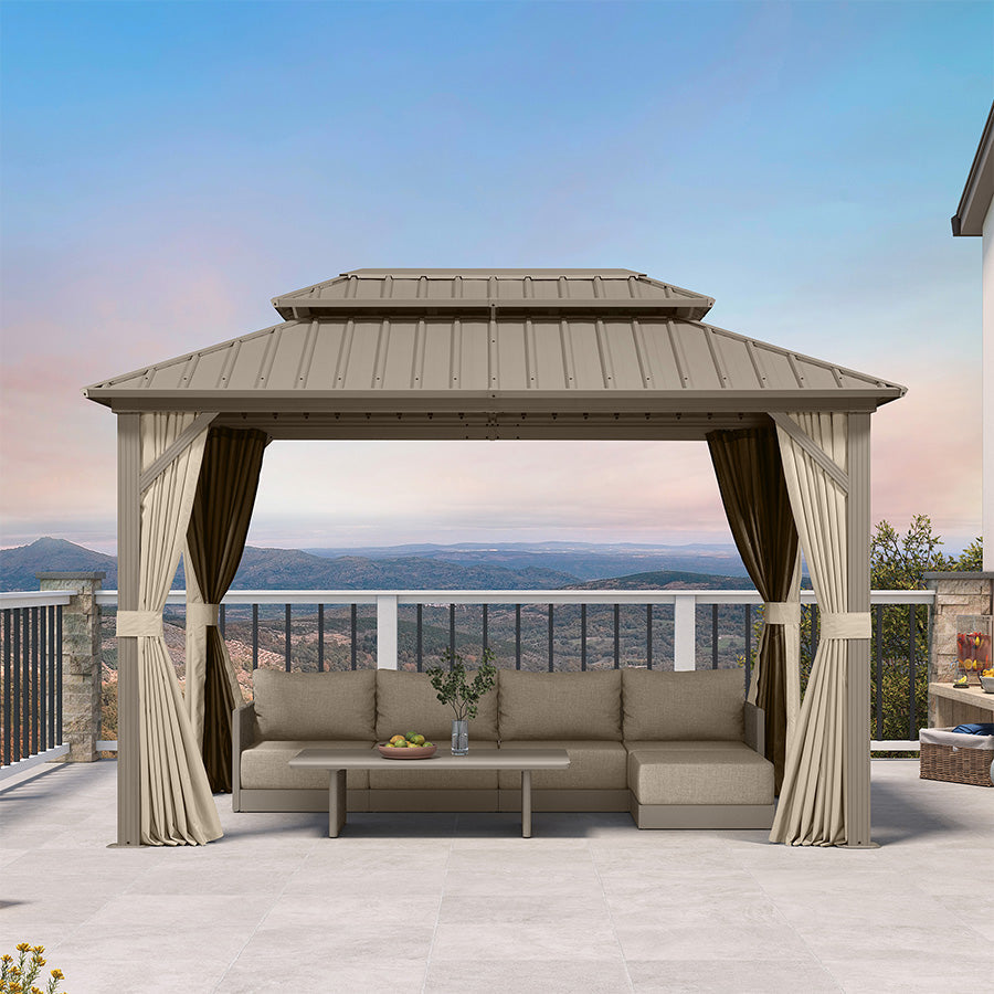PURPLE LEAF Deck Gazebo Champagne Hardtop Metal Frame Double Roof with Curtains and Netting