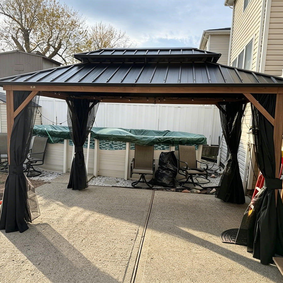 PURPLE LEAF Metal Gazebo Double Roof Wood Grain Aluminum Frame with Curtains and Netting with Lights-milky