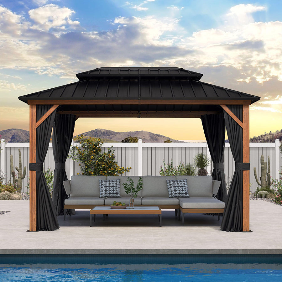 PURPLE LEAF Metal Gazebo Double Roof Wood Grain Aluminum Frame with Curtains and Netting