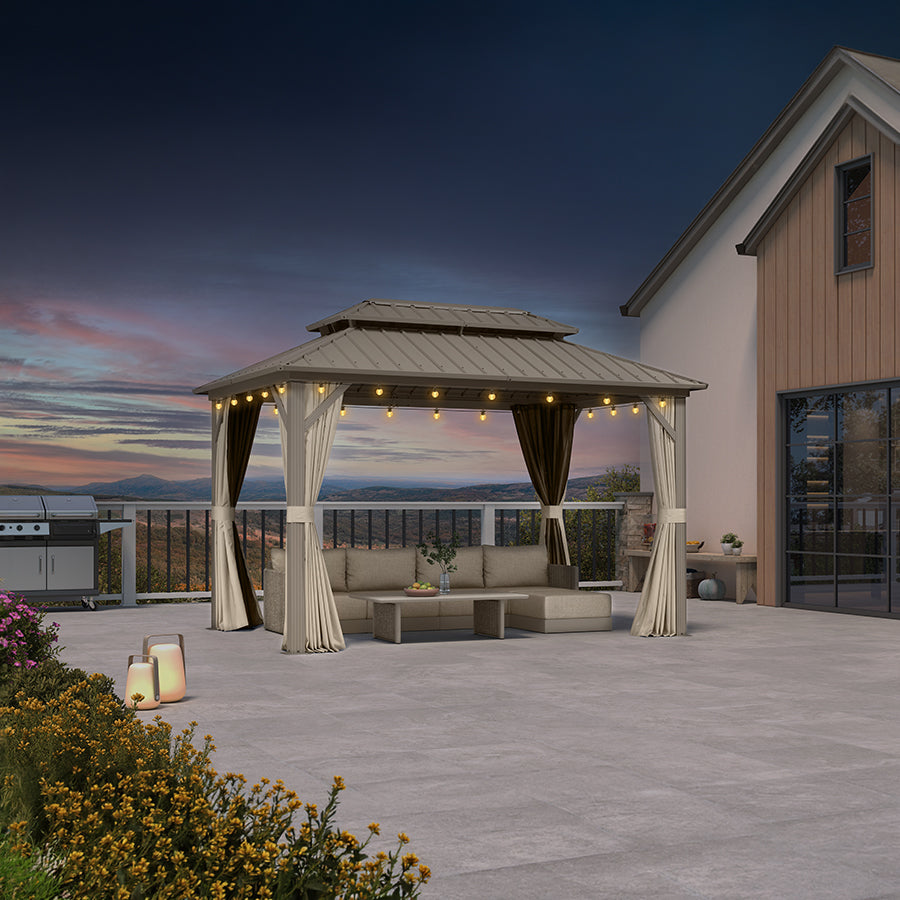 PURPLE LEAF Deck Gazebo Champagne Hardtop Metal Frame Double Roof with Curtains and Netting with Lights-clear