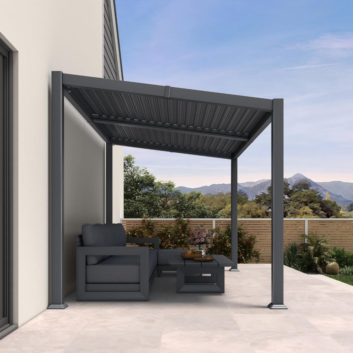 PURPLE LEAF Caesar Hardtop Louvered Pergola with LED String Lights, Slanted Roof Outdoor Aluminum Pergola with Adjustable Rainproof Louvers,Freestanding Patio Gazebo for Backyard Deck, Gray