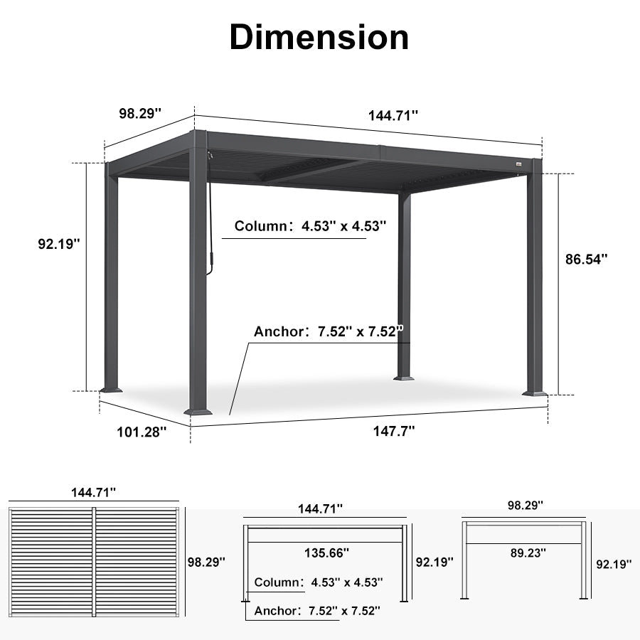PURPLE LEAF Caesar Outdoor Louvered Pergola Patio Sun Shade Shelter with Adjustable Hardtop Patio Pergola Grey