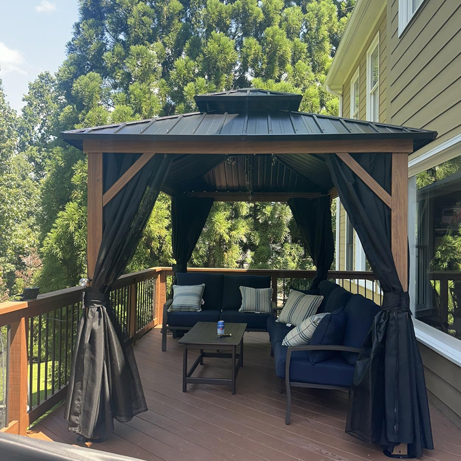 PURPLE LEAF Metal Gazebo Double Roof Wood Grain Aluminum Frame with Curtains and Netting