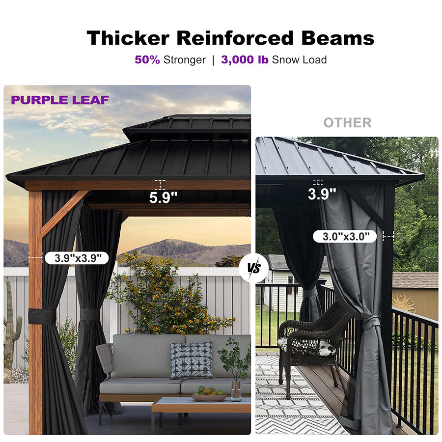 PURPLE LEAF Metal Gazebo Double Roof Wood Grain Aluminum Frame with Curtains and Netting with Lights-clear